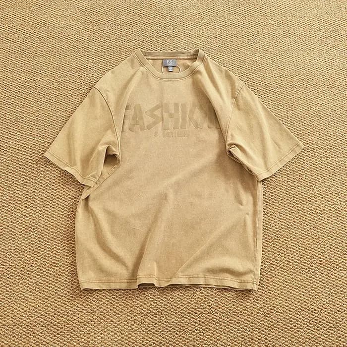 Lavage lourd pour faire vieux T-shirt homme manches courtes américain rétro ample batik coton col rond épaules dénudées demi manches T-shirt