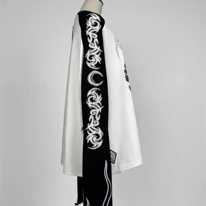Japonais Harajuku Streetwear co-marqué sous-culture tatouage broderie flamme à manches longues T-Shirt