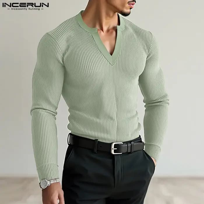INCERUN hommes t-shirt couleur unie col en V à manches longues tricoté Streetwear mâle