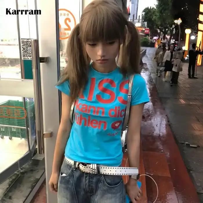 Karrram japonais Y2k lettre impression T-shirt Trashy 2000s Style haut court Vintage Harajuku manches courtes