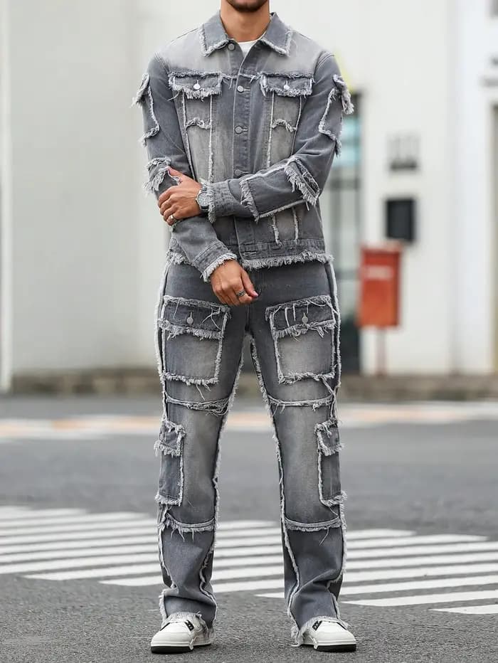 Ensemble en denim gris délavé à ourlet brut