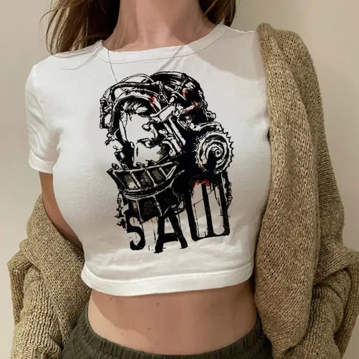 Film scie tête d'horreur torture streetwear yk2 hippie crop top fille années 90 gothique vintage