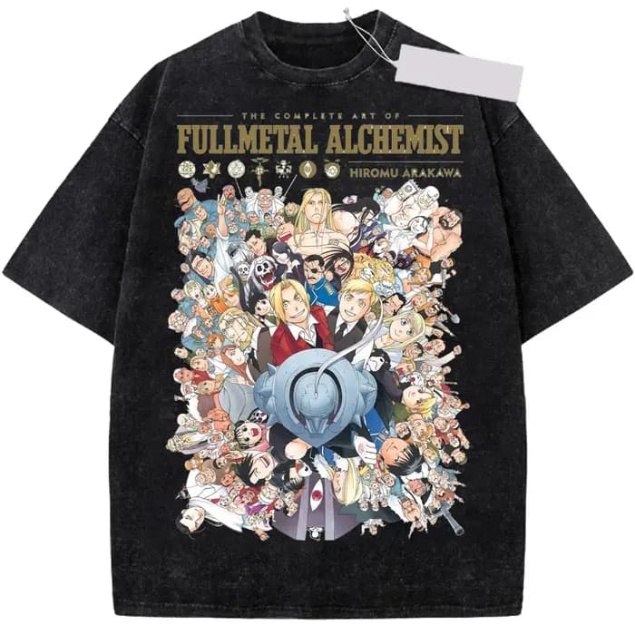 T-shirts Manga Fullmetal Alchemist Edward Elric pour Hommes et Femmes, T-shirt Vintage Lavé, T-shirt en Coton Casual, T-shirt Harajuku pour Hommes