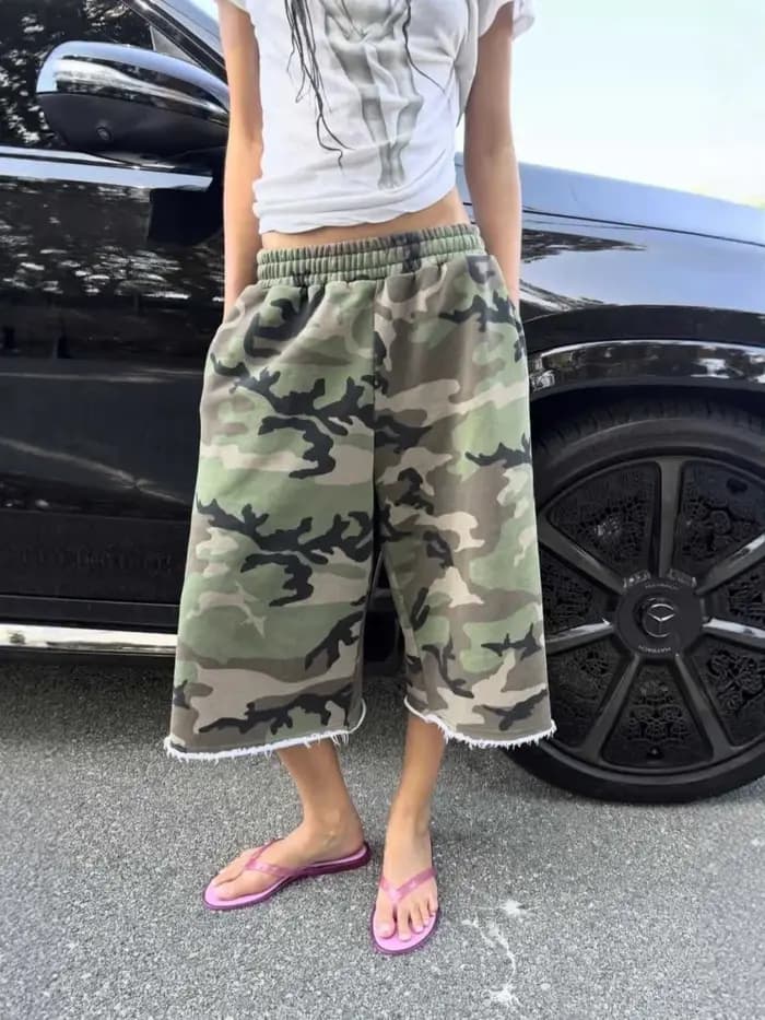 Nouveau pantalon décontracté américain camouflage style streetwear, coupe sept points, avec bords ef