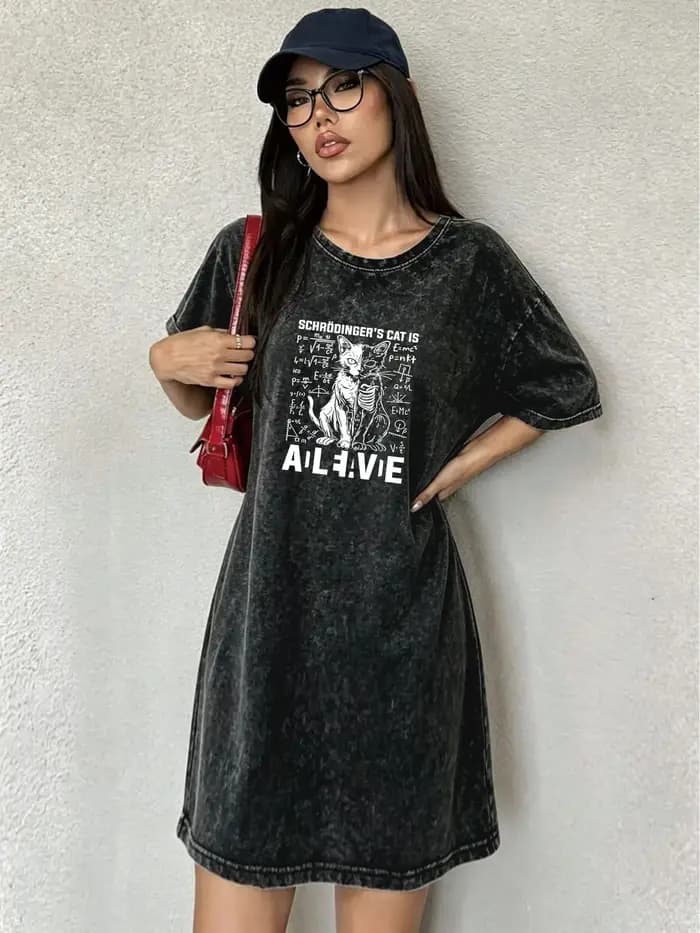 Robe T-shirt vintage délavée et usée pour femme, robe imprimée chat de marque streetwear tendance