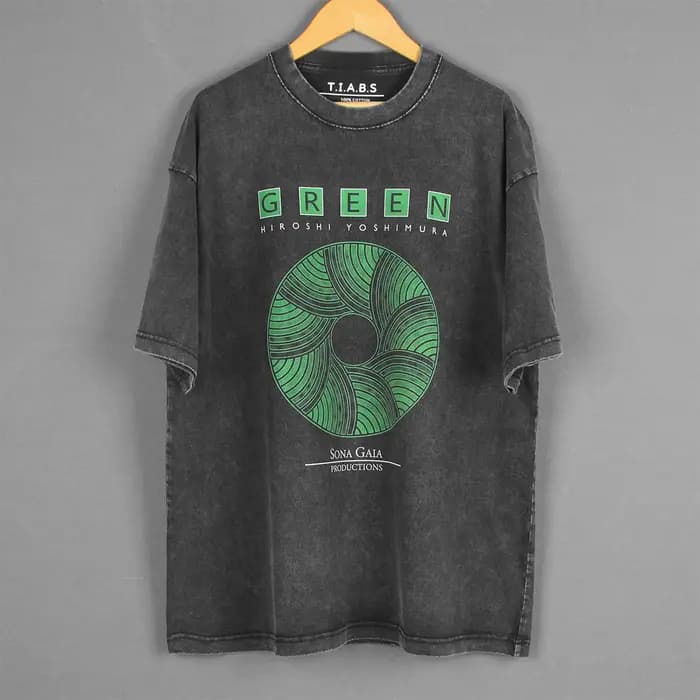 Hiroshi Yoshimura T-Shirt vert Inoyama Land Brian Eno lavé ample épaule tombante rétro hommes manches courtes surdimensionné chemise en coton