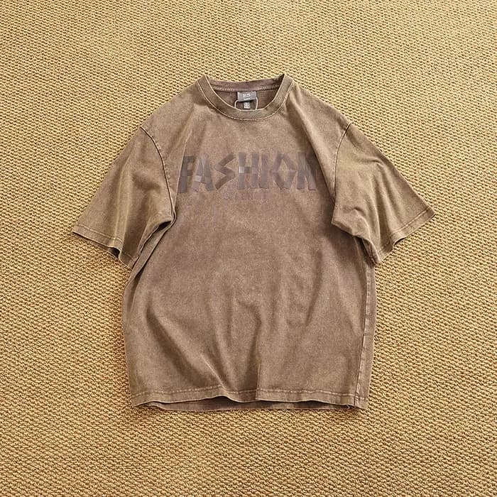 Lavage lourd pour faire vieux T-shirt homme manches courtes américain rétro ample batik coton col rond épaules dénudées demi manches T-shirt