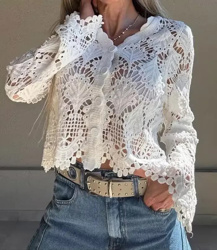 Nouveau T-shirt en crochet tricoté ajouré à col en V et simple boutonnage pour femme 2026