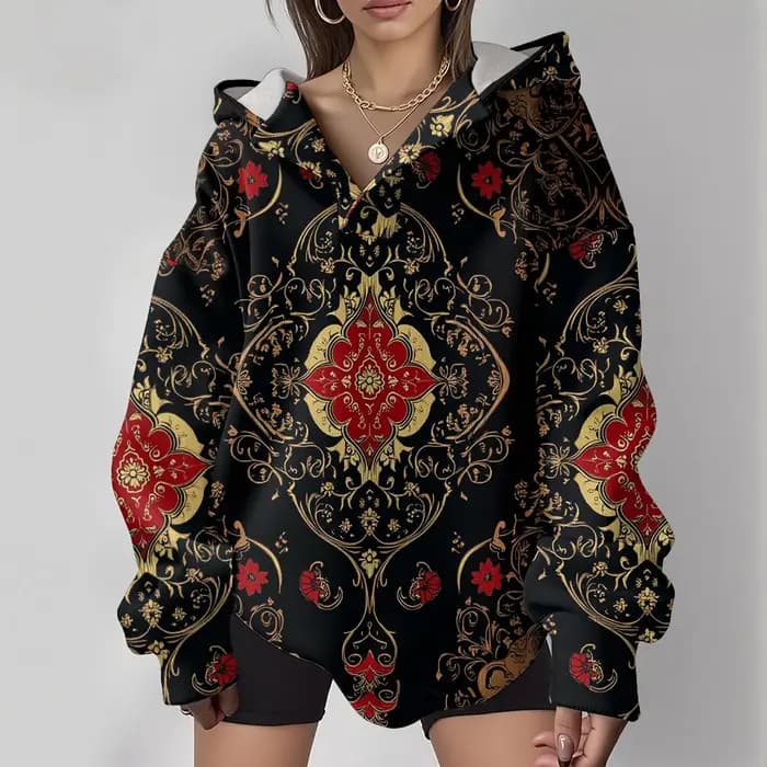 Sweat à capuche Boho maximaliste pour femme, rétro, coupe ample, col en v, avec luxueux totem floral rouge et doré, pull à la mode d'hiver