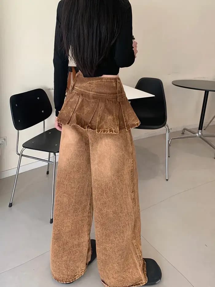 Jean ample vintage marron style Y2K streetwear 2026 pour femme – Pantalon en denim à jambe large