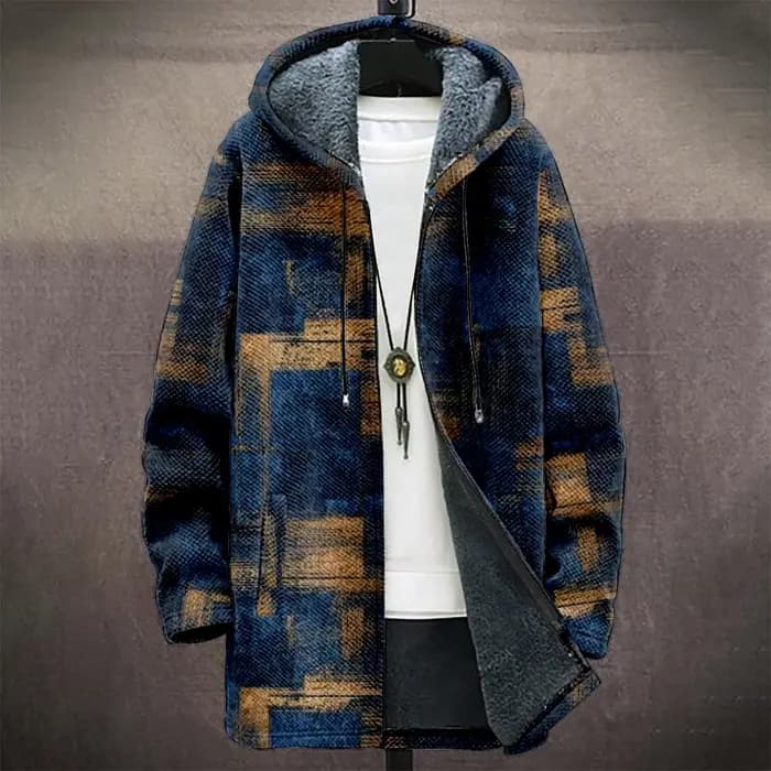 Manteau à capuche à carreaux pour hommes doublé polaire bleu gris veste d'hiver chaude géométrique urbain Streetwear mode saisonnier tendance vêtements d'extérieur