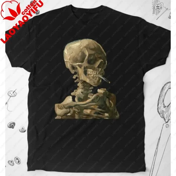 T-shirt squelette tendance avec design graphique vintage Van Gogh, esthétique artistique, squelette
