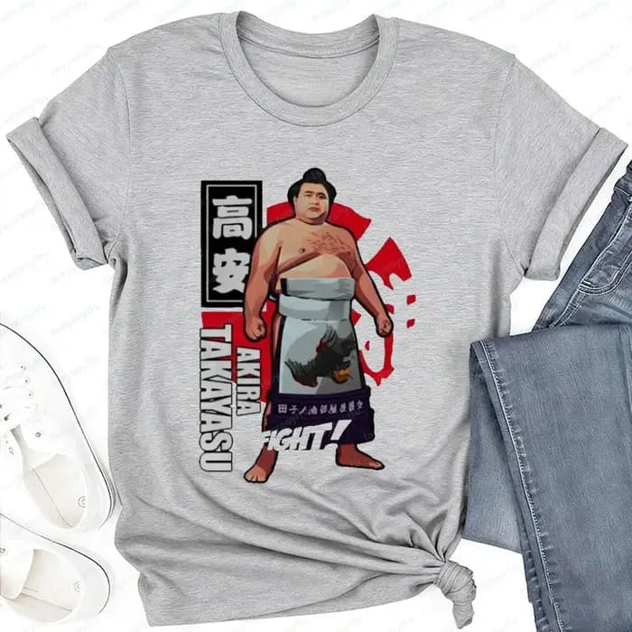T-shirt Akira Takayasu Sumo Wrestler, motif de lutteur japonais, imprimé rétro cool, hauts décontractés en coton, cadeau pour les fans de Sumo, Harajuku
