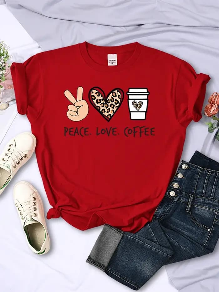 Peace Love café imprime femmes T-Shirts coton haute qualité