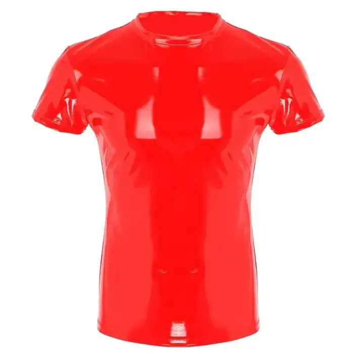 Rouge hommes Wetlook hauts Punk mode brillant PVC vêtements Faux cuir homme T-Shirt soirée Clubwear grande taille 5XL Costume