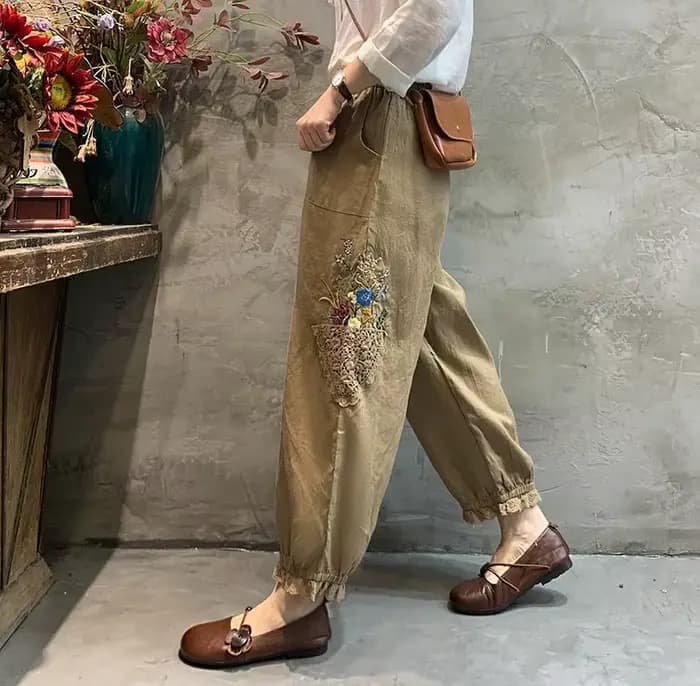 Mode Harem femmes pantalons Harajuku décontracté Vintage ethnique pantalon femme vêtements été coton lin pantacourt