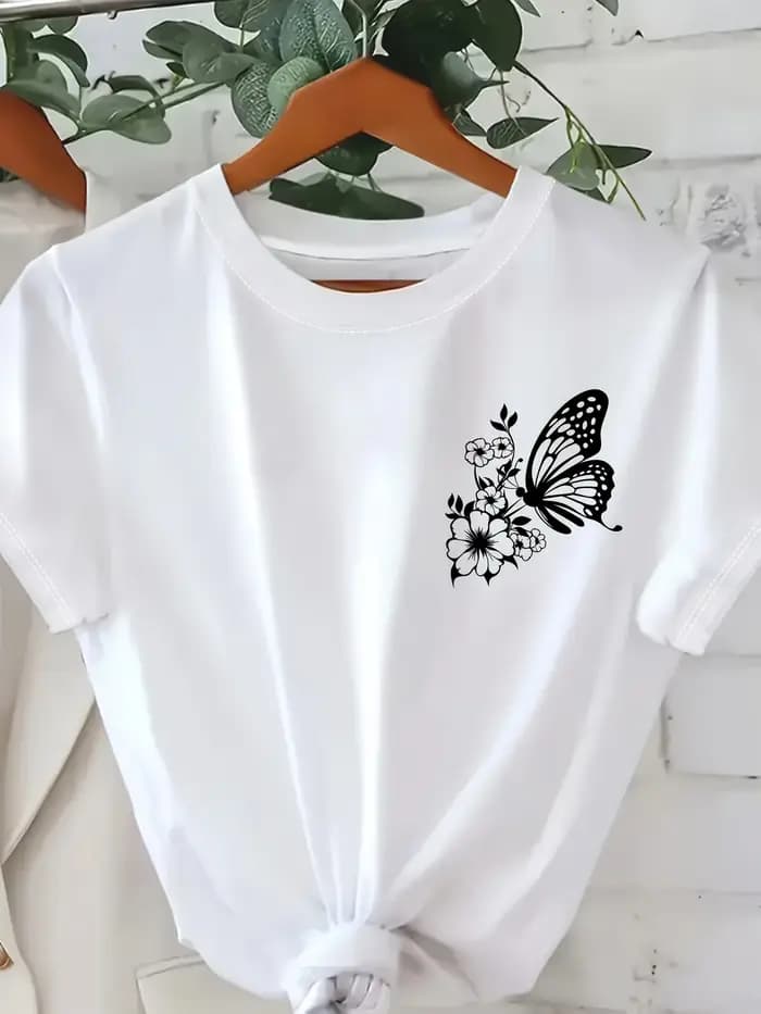 Orange vif avec papillon blanc imprimé T-shirt fille dessin animé unisexe hauts à manches courtes Streetwear femmes col rond t-shirts femme