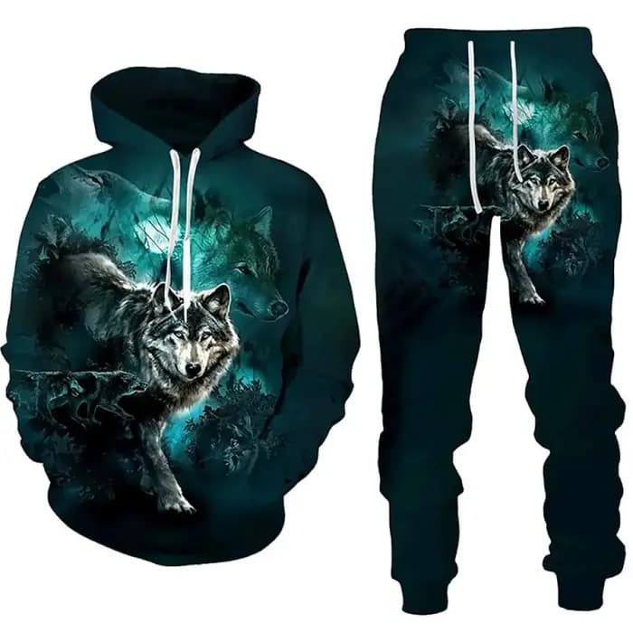 Loup Animal impression 3D sweats à capuche pantalon ensemble hommes automne