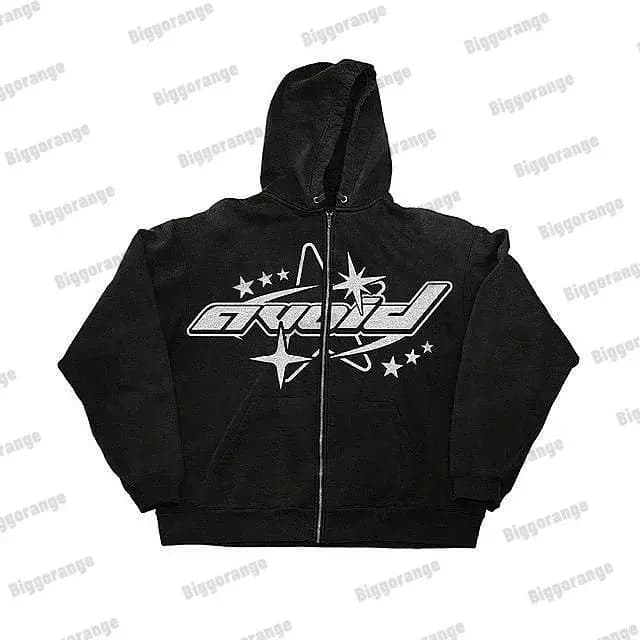 Sweat à capuche zippé brodé Y2K Gothique pour Hommes et Femmes