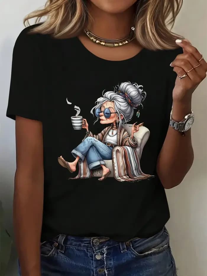 T-shirt élégant à manches courtes pour femme avec imprimé graphique Granny