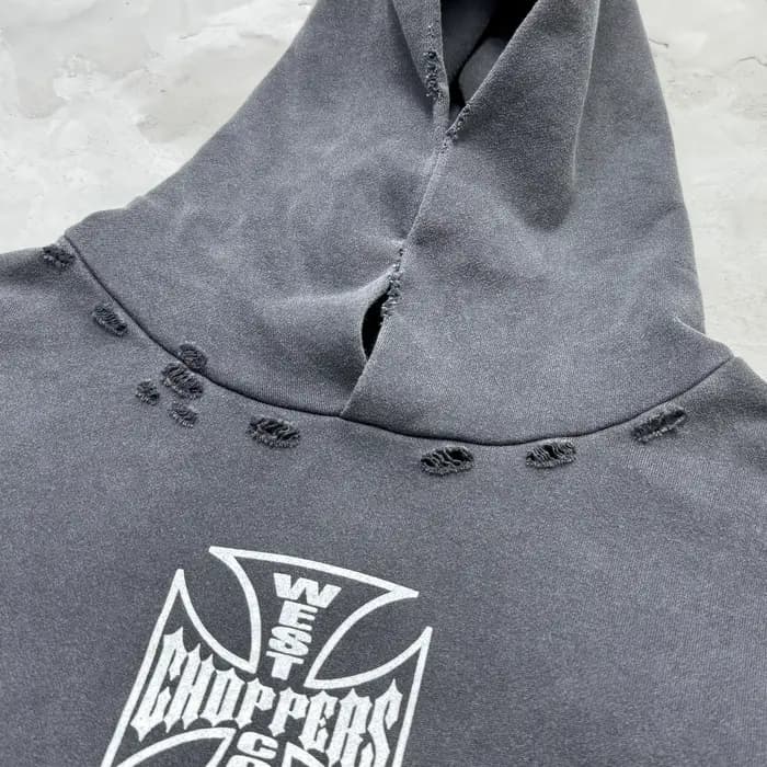 Sweat-shirt à capuche ample classique Y2k West Coast Choppers Skeleton Cross, effet délavé, coton de