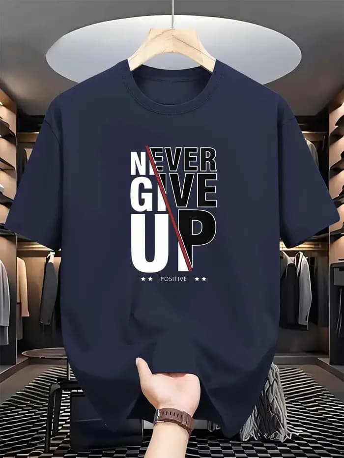 T-shirt pour homme à imprimé monogramme 'Positive' - 'Never Give Up' - Motif graphique tendance - Décontracté - Manches courtes - Haut confortable - T-shirts gothiques