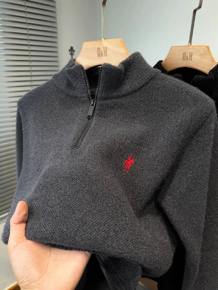 Marque de luxe zip demi col roulé pull hommes haut de gamme mode poney Golf broderie hiver velours épaissi chaud tricot