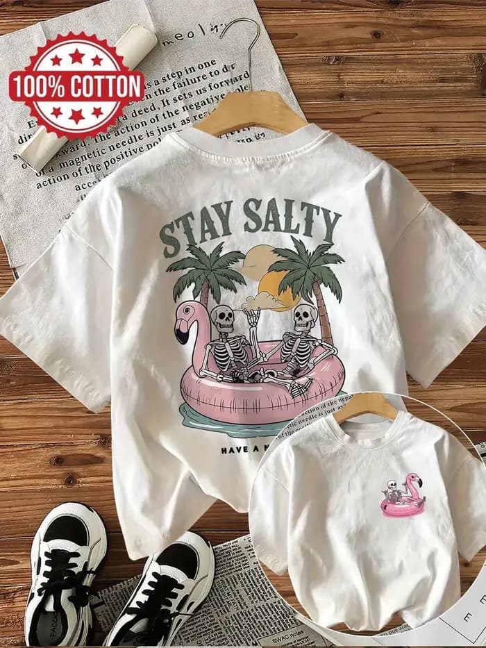 T-shirt pour femme Graphic Stay Salty Skull Beach 100% coton