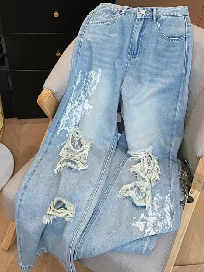 2025 Ropa Y2K mode lavé bleu Baggy dentelle empilé déchiré jean pantalon pour femmes vêtements droit doux décontracté