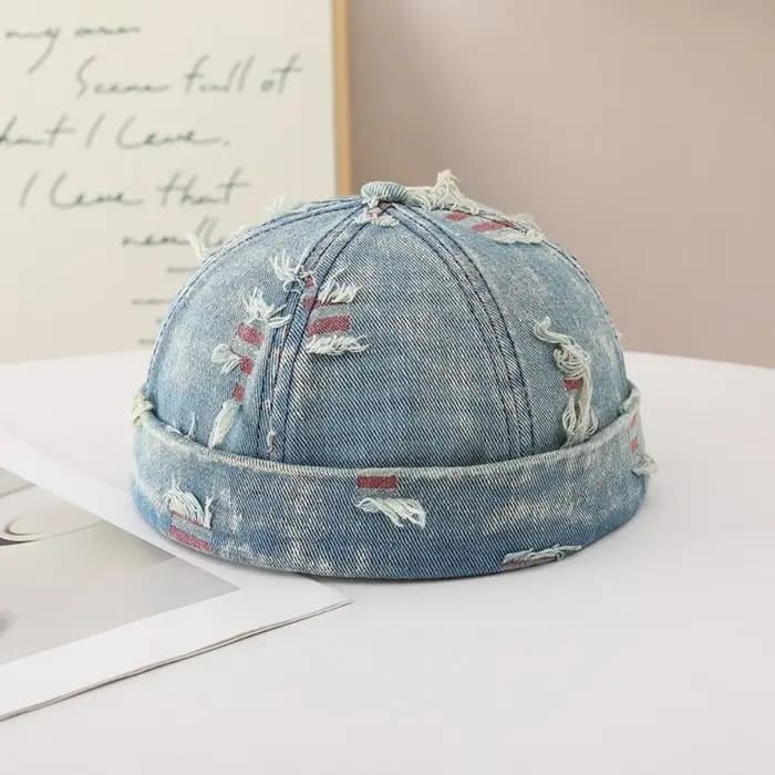 Casquette Docker en Denim Effiloché avec Imprimé Graffiti, Bonnet sans Visière, Réglable, Mélange Coton-Polyester
