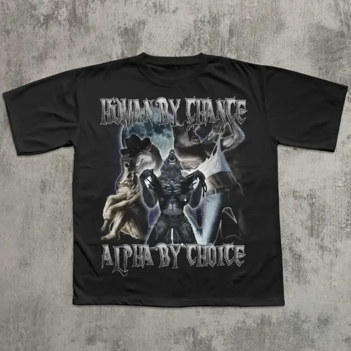 T-shirt drôle et ironique « Human By Chance Alpha By Choice » avec loup déchirant