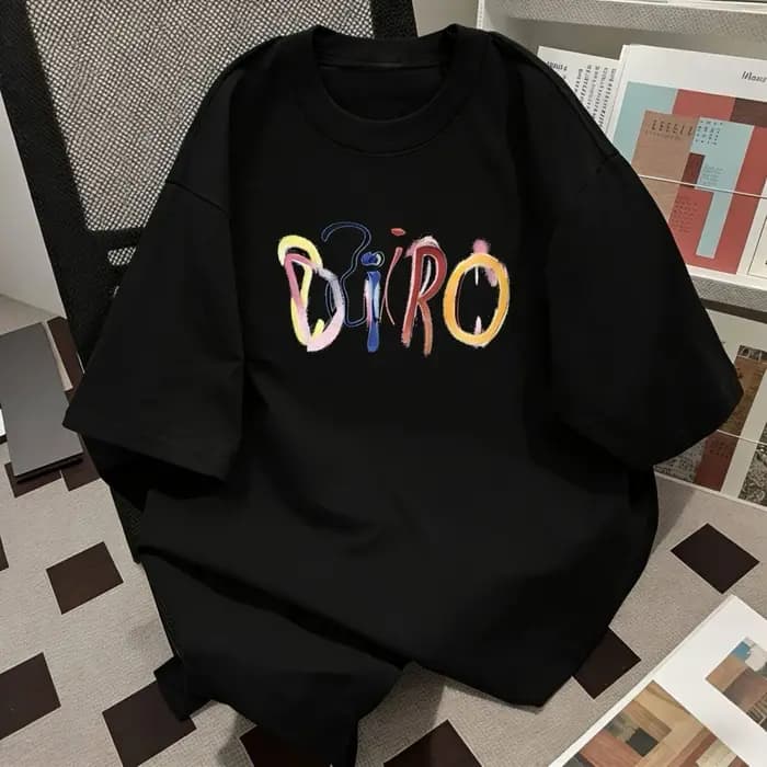 T-shirt à manches courtes imprimé de lettres colorées de style américain pour hommes et femmes