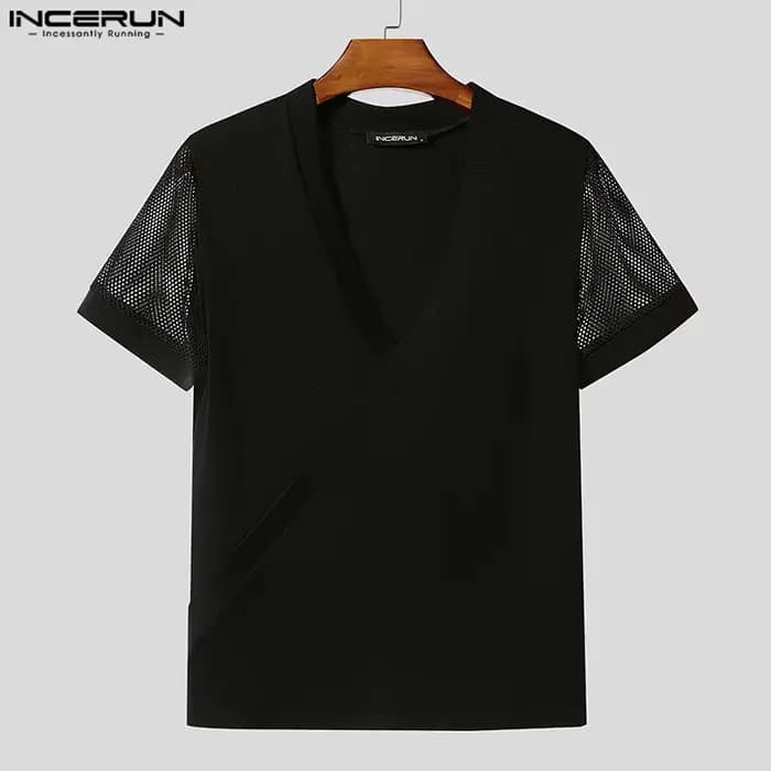INCERUN hommes t-shirt maille Patchwork col en V à manches courtes hommes t-shirt hauts été Streetwe