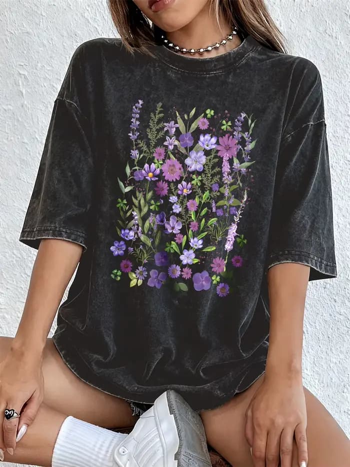 T-shirts pour femmes en coton à manches courtes, imprimés de fleurs aquarellées violettes, style str