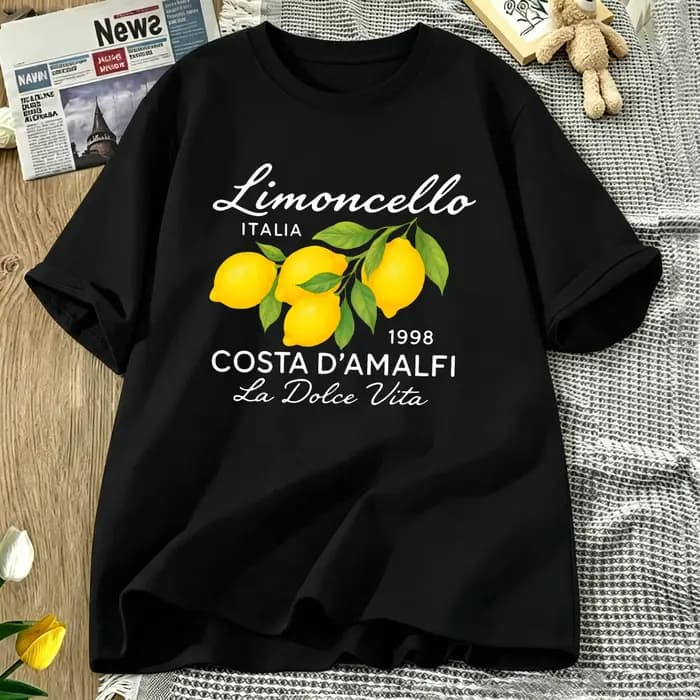 Limoncello Italia La Dolce Vita T-shirt à imprimé citron pour femme, décontracté, respirant, à manches courtes, en coton, coupe ample, col rond, pour l'été