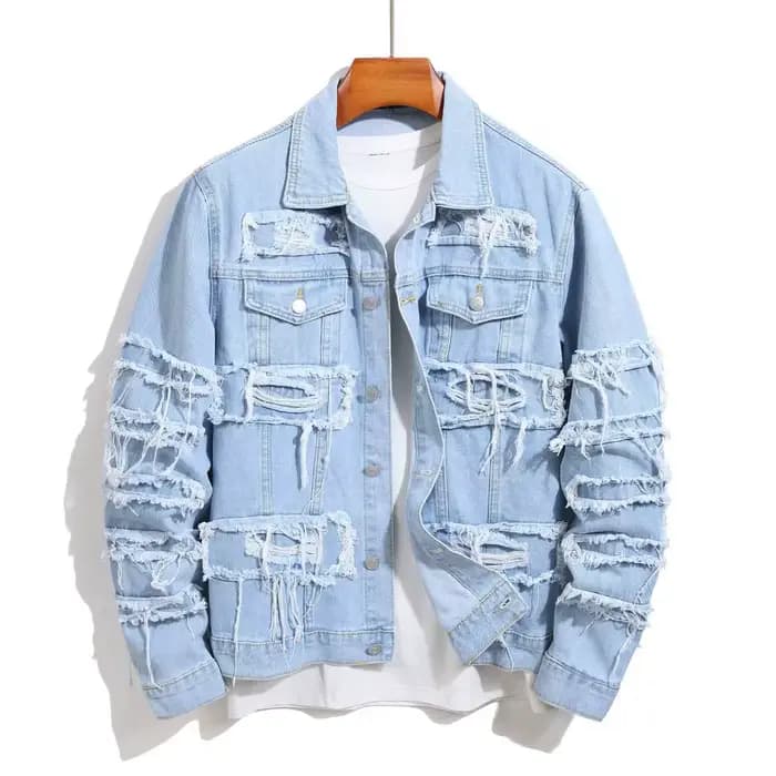 Veste en jean déchirée pour hommes, Style de rue, épissage empilé, vêtements Slim, manteaux de moto