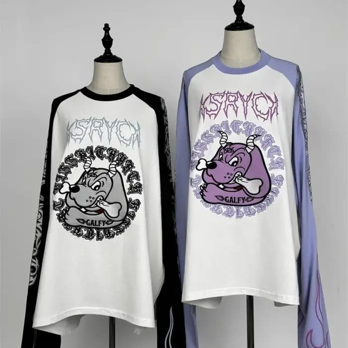 Japonais Harajuku Streetwear co-marqué sous-culture tatouage broderie flamme à manches longues T-Shirt