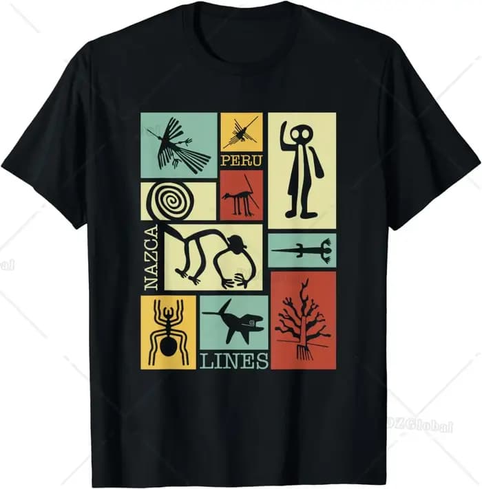 T-shirt rétro pour femme, Lignes de Nazca, Géoglyphe du Pérou, Monkey AstronsomSpider, Vêtements de