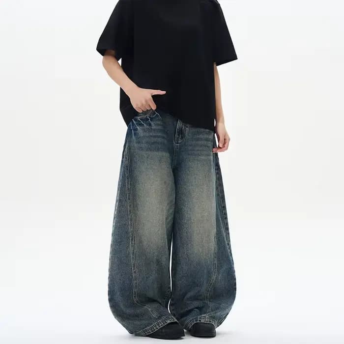 Jean surdimensionné à jambes larges pour homme, pantalon ample, Vintage, Patchwork foudre craquelée,