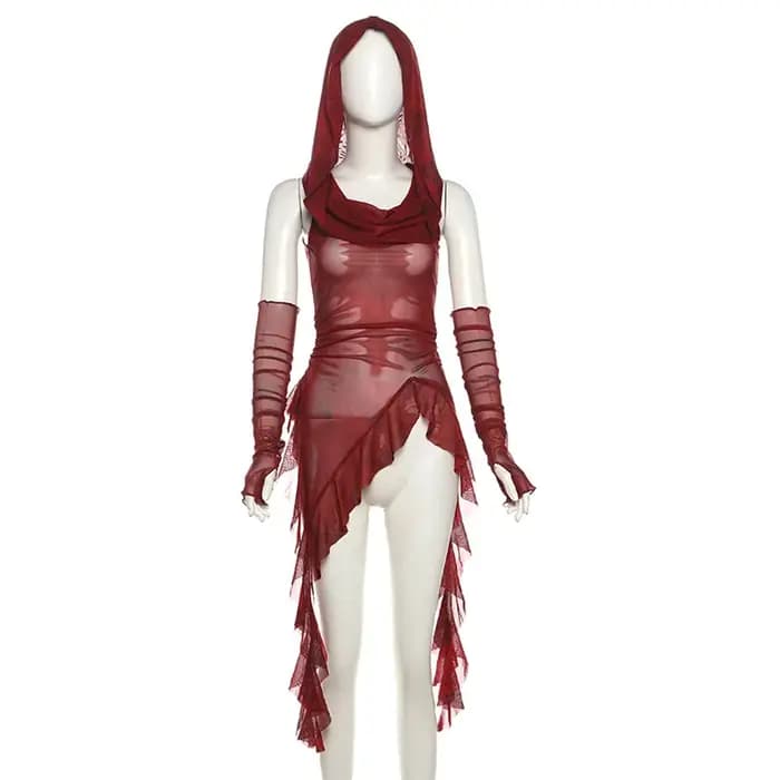 Goth Dark Streetwear années 90 Grunge Mesh Transparent Hauts à capuche Cyber Y2K Ourlet irrégulier Volants Sweat
