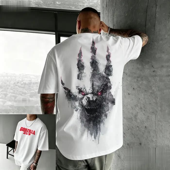 Nouveau t-shirt américain rétro en coton à manches courtes avec imprimé Godzilla