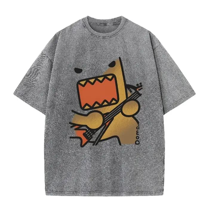 T-shirt décontracté marron délavé vintage avec imprimé graphique guitare rock Domo