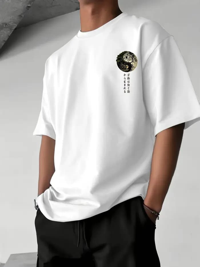 T-shirt graphique Yin Yang Arbre de Vie Calligraphie Japonaise pour Homme Respirant 100% Coton Parfait pour l'été Streetwear Tendance Style Zen