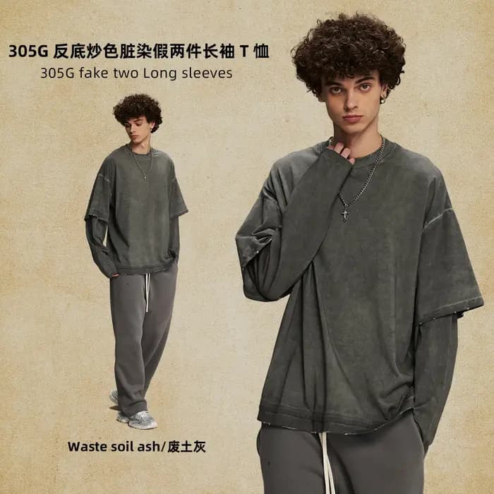 Faux deux T-shirts à manches longues sales, teints et usés