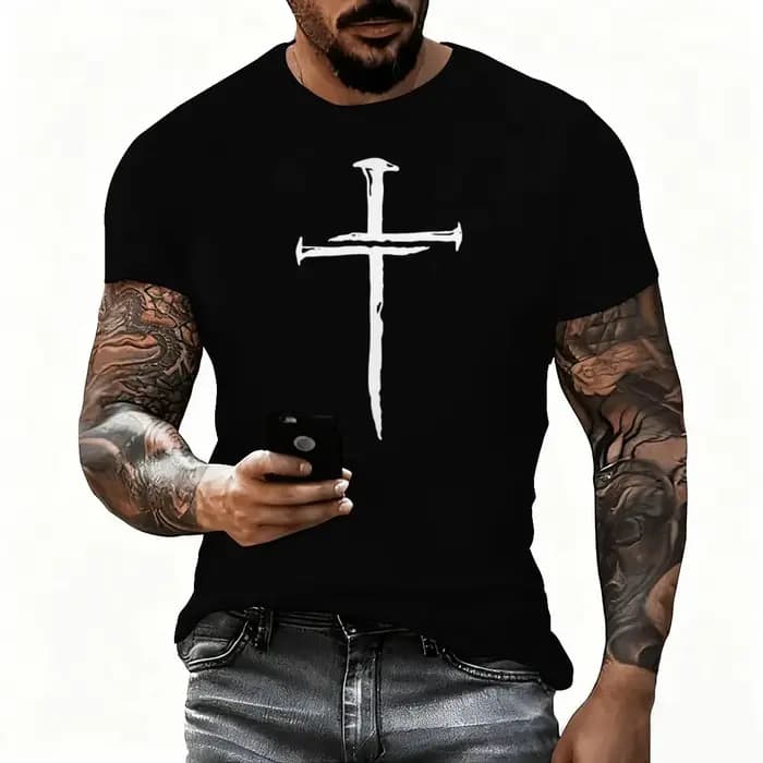 T-shirts unisexes vintage à manches courtes avec imprimé croix lumineuse Jésus