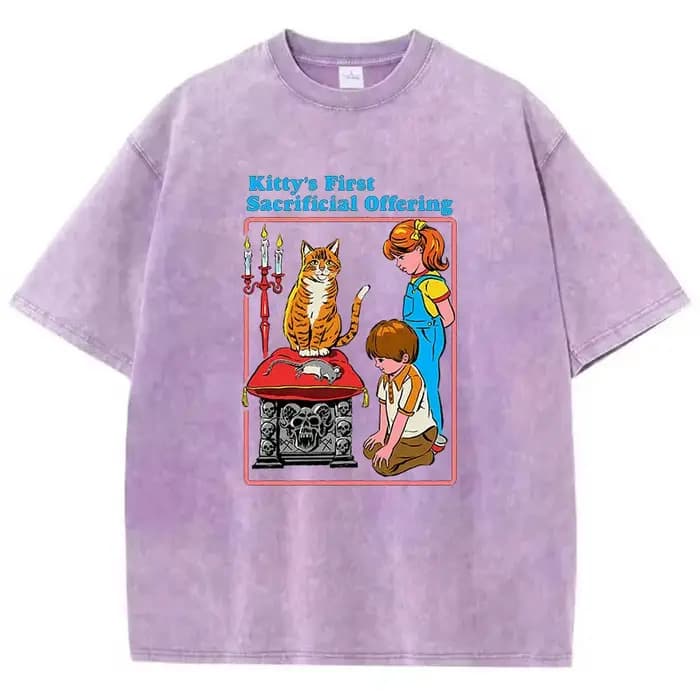 T-shirt Gothique Vintage Délavé 100% Coton avec Motif Chat de Bande Dessinée – Décontracté Streetwear Printemps-Été