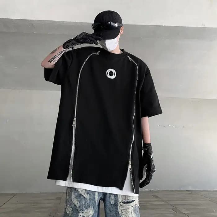T-shirt à Double Fermeture Éclair Rembourré pour Homme, Design Hip Hop, Harajuku, Punk, Décontracté,