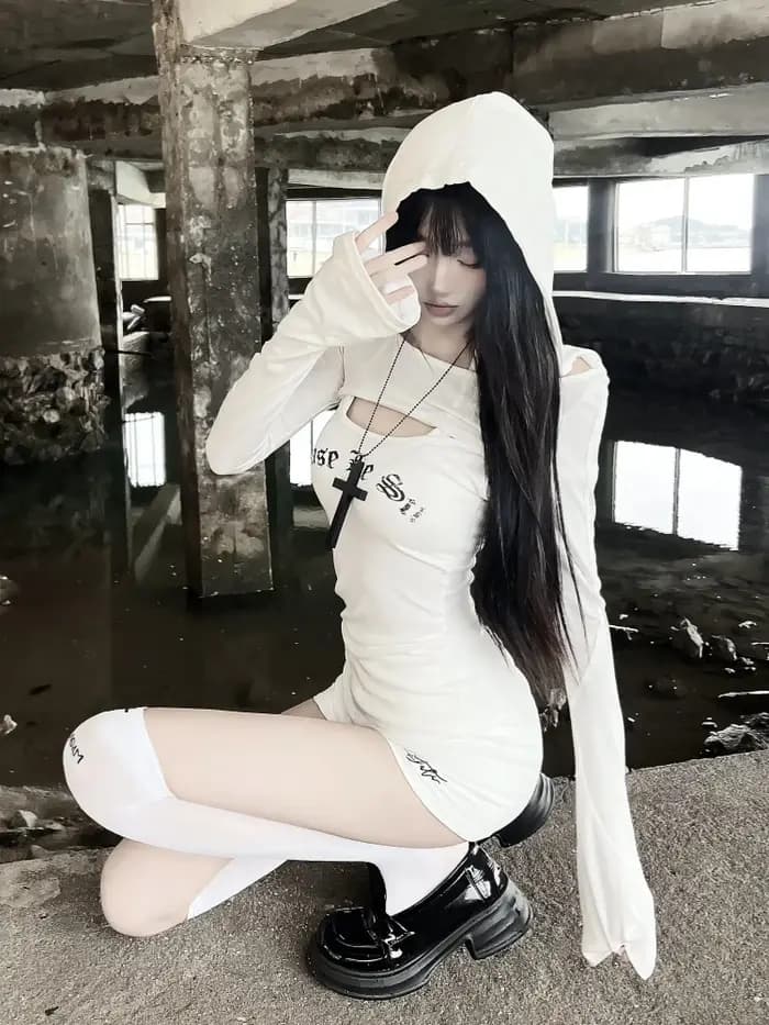 Seeslim t-shirt à capuche femmes deux pièces hauts à manches longues automne printemps mince 2000s vêtements Y2k