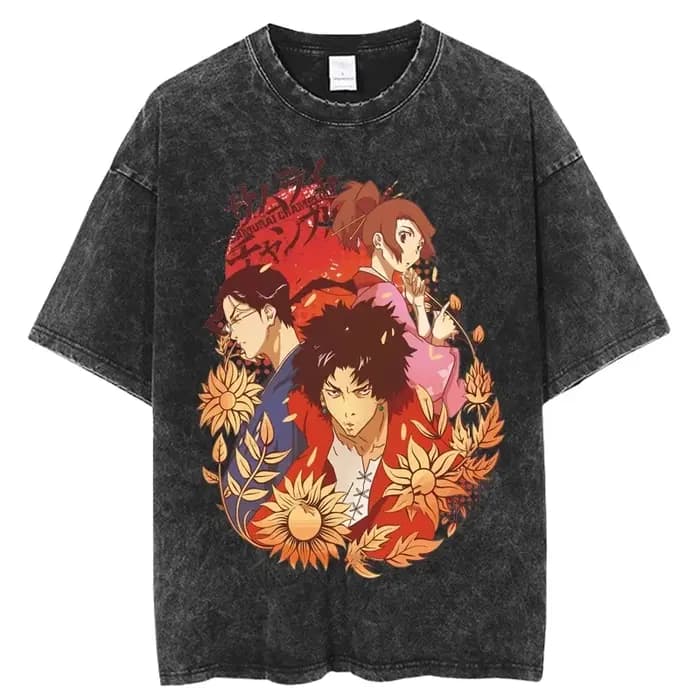 Anime graphique samouraï Champloo T-shirt Vintage lavé surdimensionné T-Shirts hommes femmes vêtements pur coton à