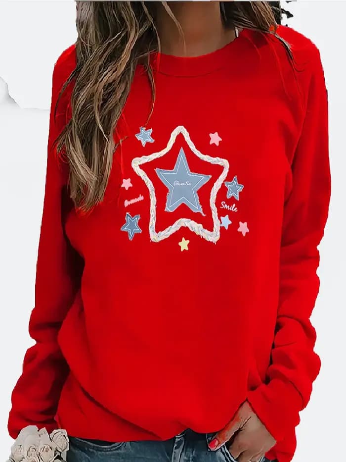 Sweat à capuche à manches longues et col rond à motif d'étoiles rétro de style américain pour femmes